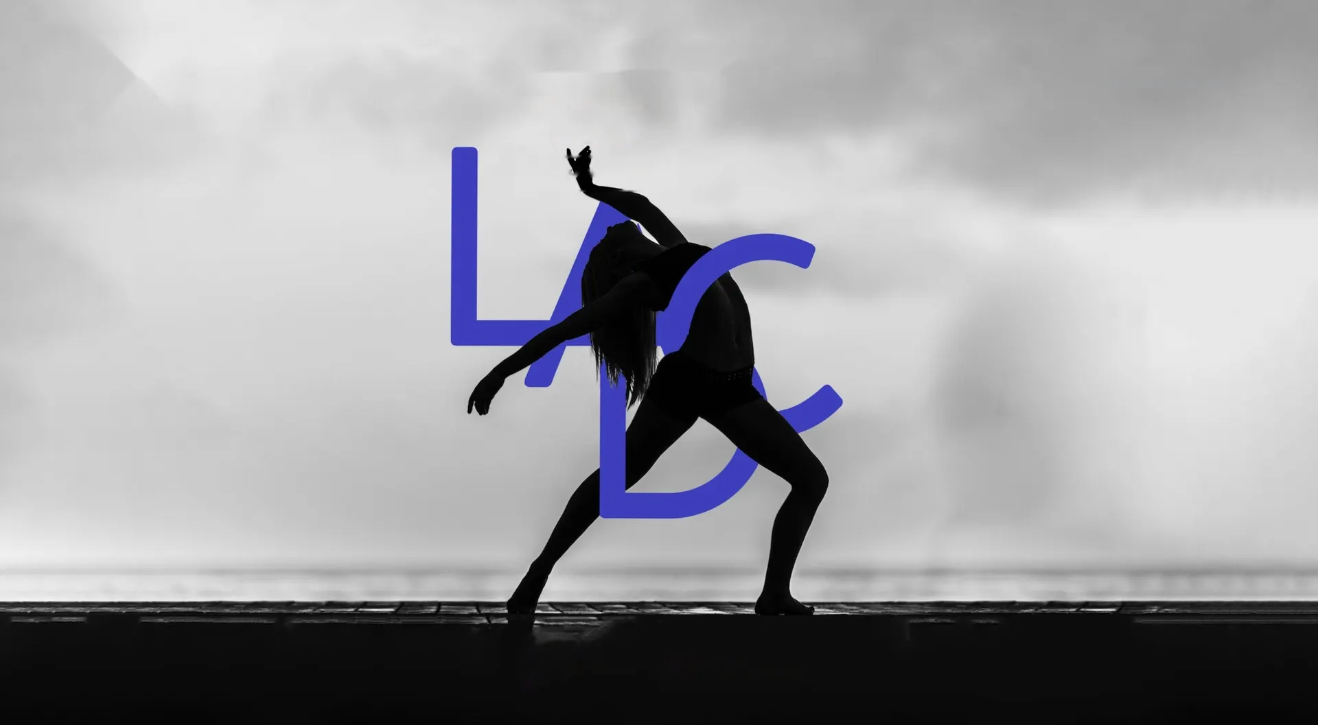 Danseuse en silhouette devant un ciel gris, logotype LADC et « Born to move »